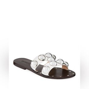 Schutz White Leather Studded Slide Sandals Silver Dome Studs Size 7.5